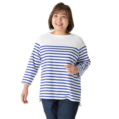＜大きいサイズ＞　風で紡ぐ糸　婦人ボーダーボートネック７分袖Ｔシャツ